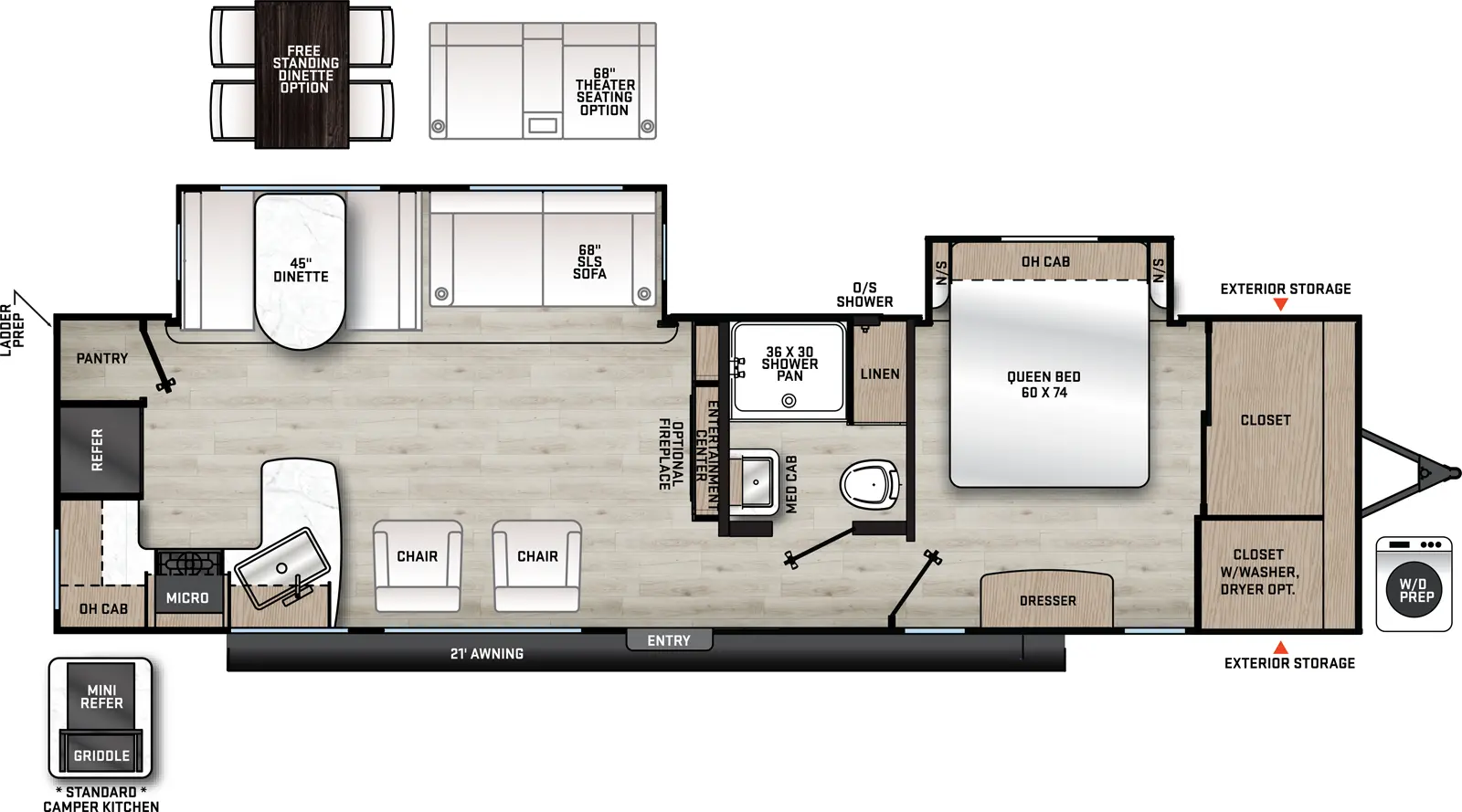 The Aurora 310KDS floorplan has one entry and two slide outs. Exterior features include: fiberglass exterior and 21' awning. Interiors features include: rear kitchen and front bedroom.